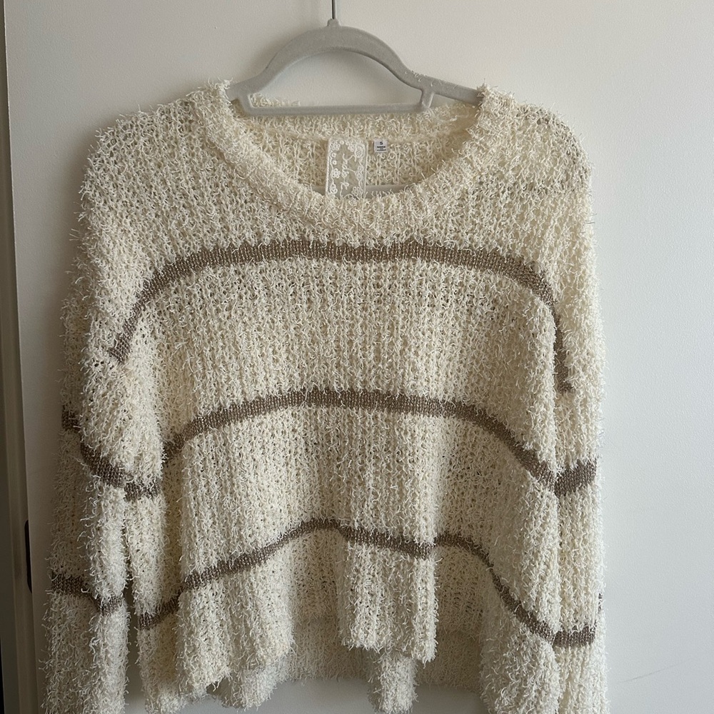 Cream and Taupe Striped Crew Neck Sweater with Fuzzy Texture